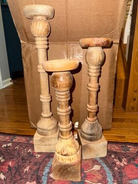 Mudpie Natural Wood Turned Candlestick Set - Light Brown